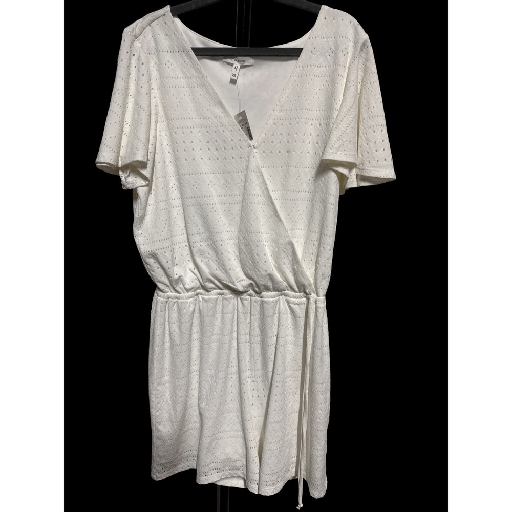 Maurices White Eyelet Faux Wrap Romper Sz XS NWT Cottagecore Casual Chic Comfort